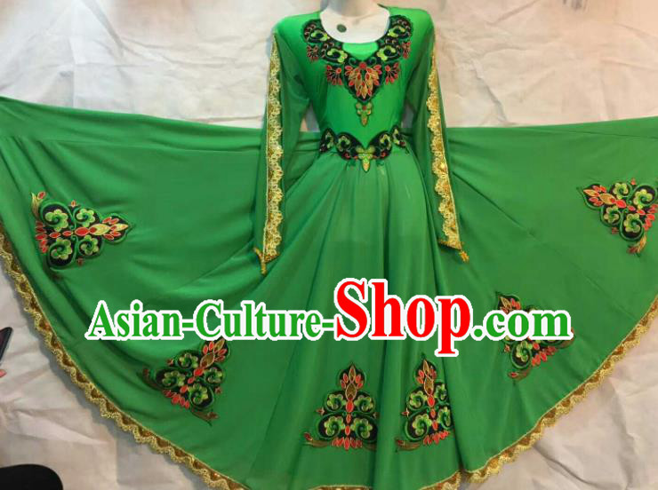 Chinese Traditional Uigurian Ethnic Costumes Xinjiang Uyghur Minority Folk Dance Green Dress for Women