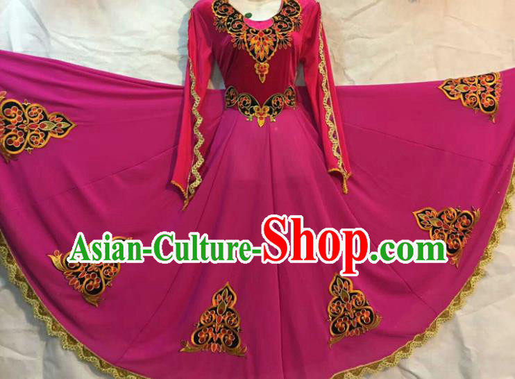 Chinese Traditional Uigurian Ethnic Costumes Xinjiang Uyghur Minority Folk Dance Rosy Dress for Women