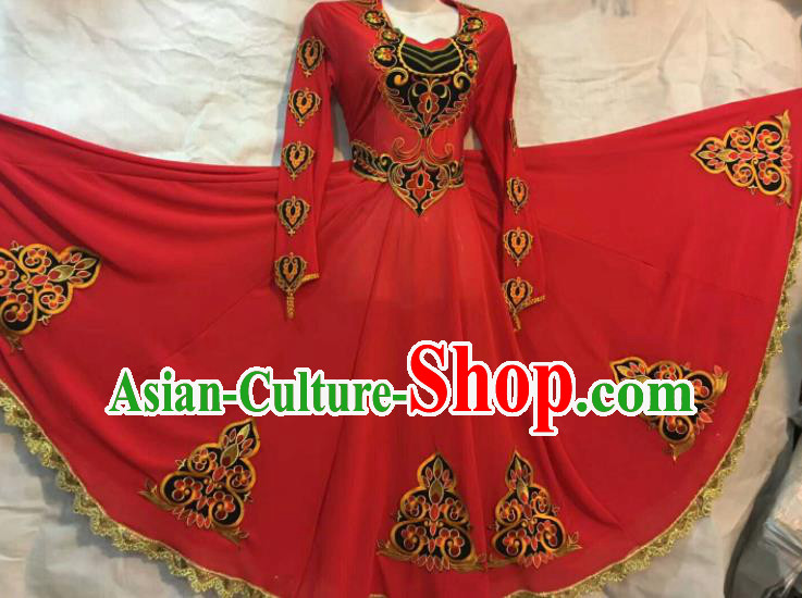Chinese Traditional Uigurian Nationality Ethnic Costumes Xinjiang Uyghur Minority Folk Dance Red Dress for Women