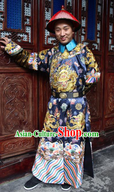 Chinese Traditional Ancient Qing Dynasty Manchu Minister Embroidered Costumes and Hat for Men