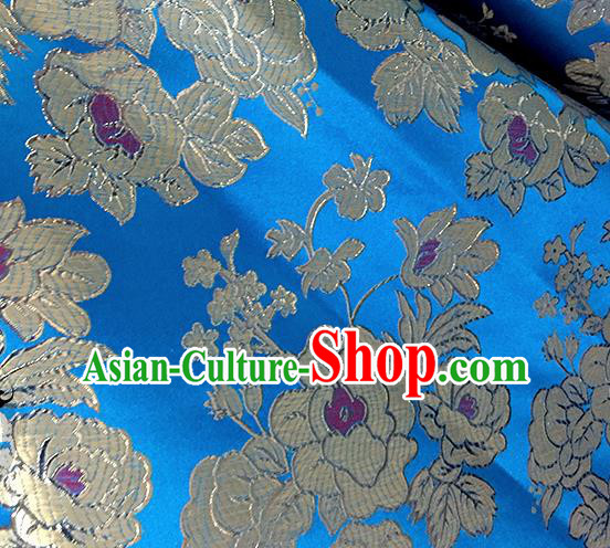 Chinese Traditional Blue Brocade Classical Peony Pattern Design Silk Fabric Material Satin Drapery