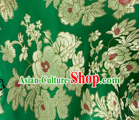 Chinese Traditional Green Brocade Classical Peony Pattern Design Silk Fabric Material Satin Drapery
