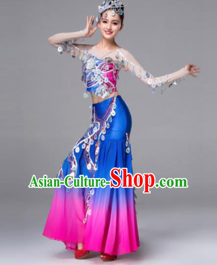 Traditional Chinese Peacock Dance Blue Dress Stage Performance Classical Dance Costumes for Women