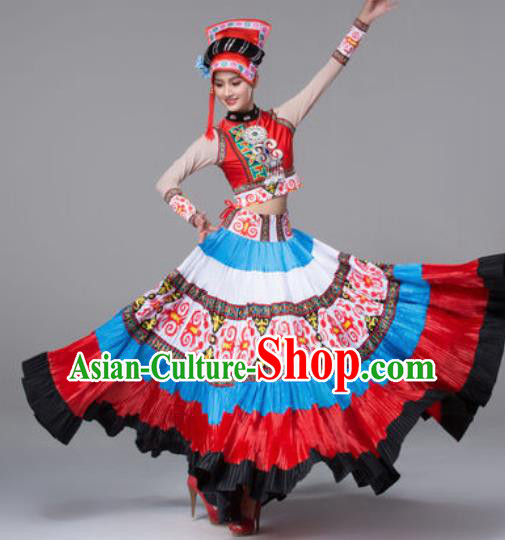 Chinese Traditional Ethnic Costumes Yi Minority Nationality Folk Dance Dress for Women