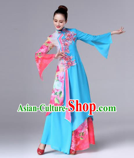 Traditional Chinese Classical Dance Blue Dress Stage Performance Folk Dance Costume for Women