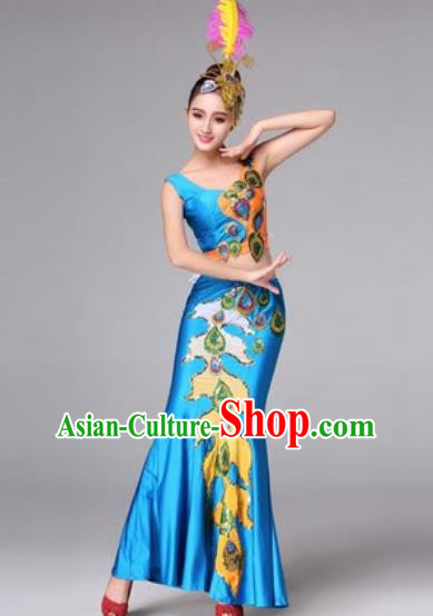 Traditional Chinese Classical Dance Blue Dress Peacock Dance Folk Dance Costume for Women