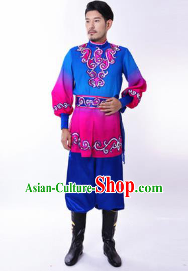 Chinese Traditional Folk Dance Costumes Uyghur Minority Dance Blue Clothing for Men