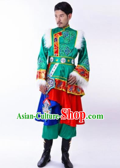 Chinese Traditional Folk Dance Green Costumes Tibetan Minority Dance Clothing for Men
