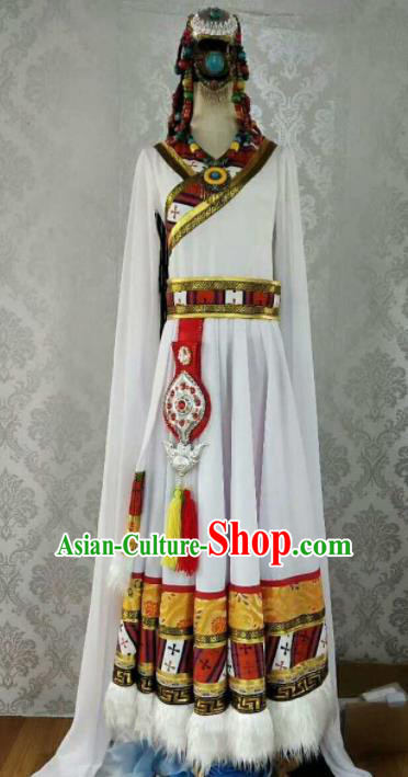 Chinese Traditional Zang Nationality Ethnic Costumes Tibetan Folk Dance White Dress for Women