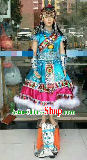 Chinese Traditional Zang Nationality Costumes Tibetan Folk Dance Ethnic Blue Dress for Kids
