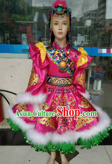 Chinese Traditional Mongol Nationality Rosy Costumes Mongolian Folk Dance Ethnic Dress for Kids