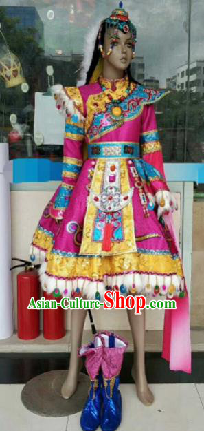 Chinese Traditional Zang Nationality Rosy Costumes Tibetan Folk Dance Ethnic Dress for Kids