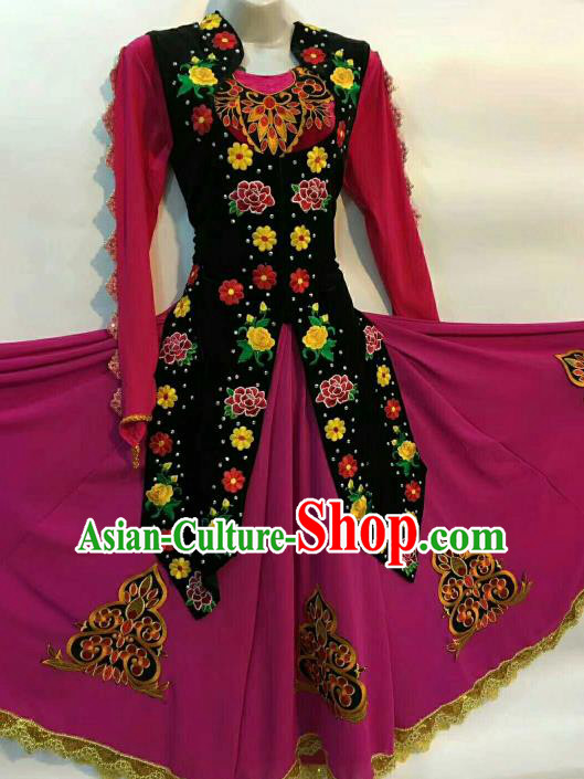 Chinese Traditional Uyghur Nationality Ethnic Costumes Uyghurian Folk Dance Purple Dress for Women