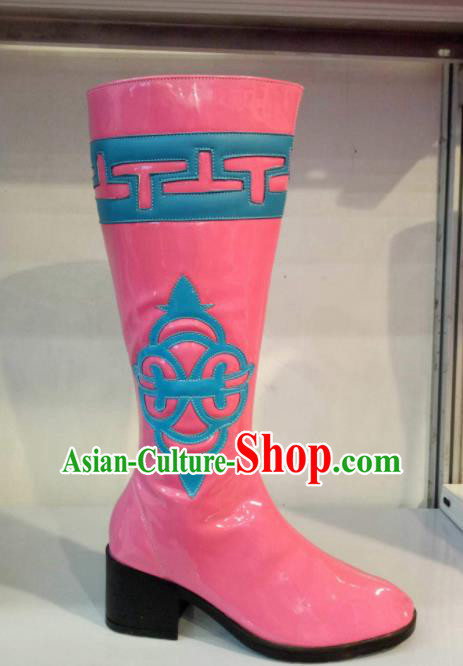 Chinese Traditional Mongol Nationality Shoes Mongolian Folk Dance Ethnic Pink Boots for Women