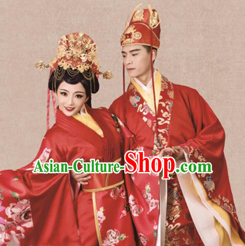 Traditional Chinese Ancient Han Dynasty Embroidered Wedding Costumes and Headpiece Complete Set for Women for Men