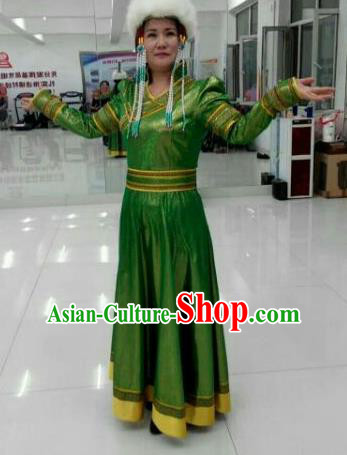 Chinese Traditional Mongol Nationality Costumes Mongolian Ethnic Folk Dance Green Dress and Hat for Women