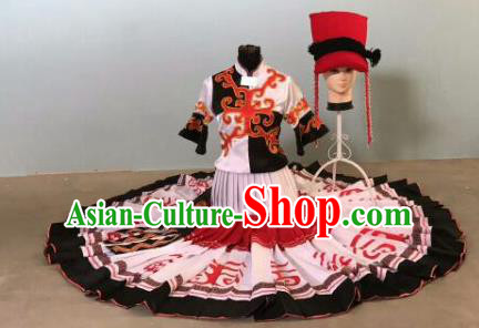 Chinese Traditional Qiang Nationality Costumes Ethnic Folk Dance Dress and Hat for Women