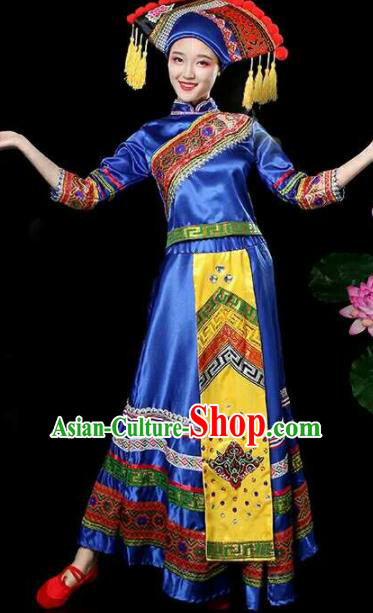 Chinese Traditional Zhuang Nationality Costumes Ethnic Folk Dance Blue Dress and Hat for Women