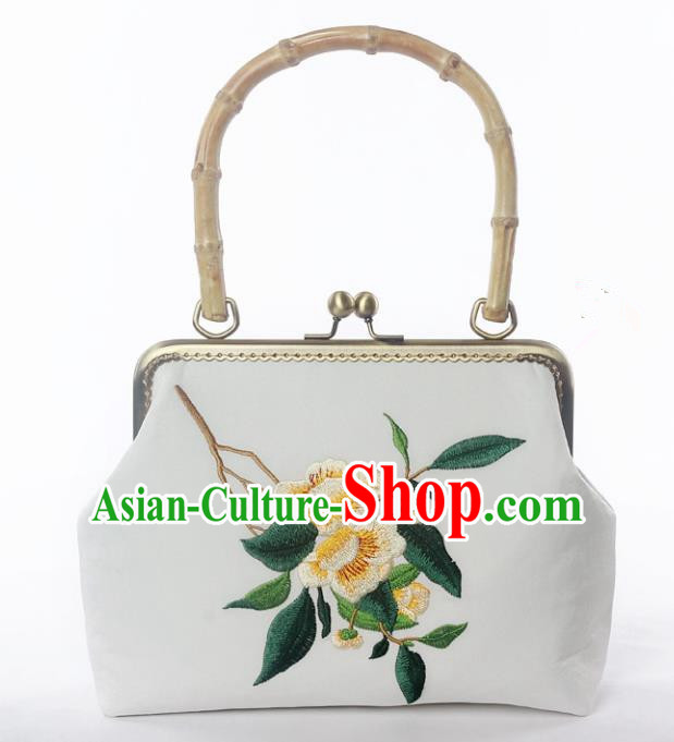 Chinese Traditional Handmade Embroidered Camellia White Bags Retro Handbag for Women