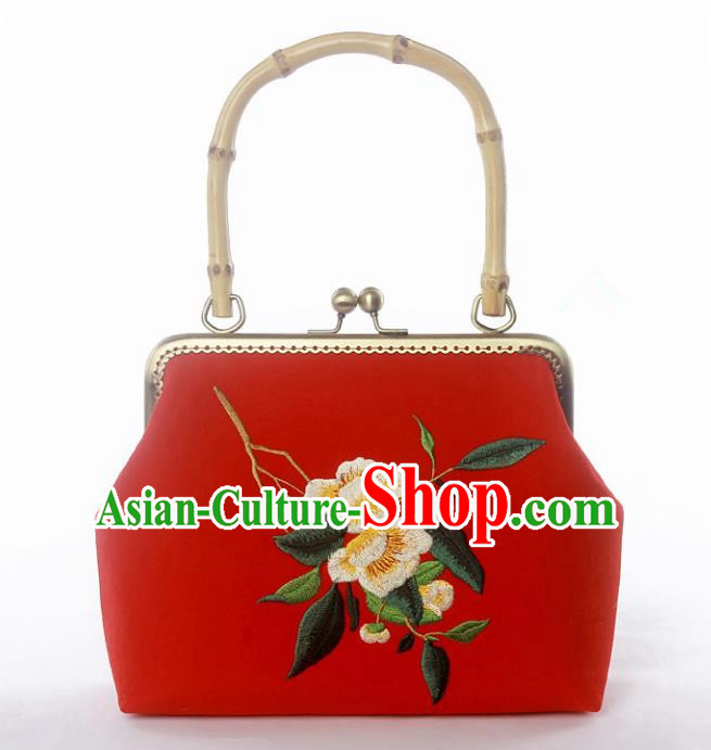 Chinese Traditional Handmade Embroidered Camellia Red Bags Retro Handbag for Women