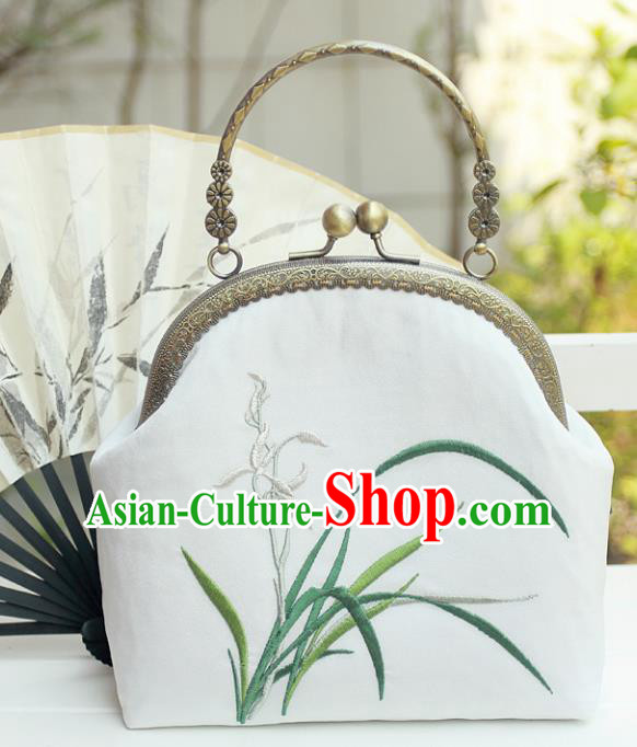 Chinese Traditional Handmade Embroidered Orchid White Bag Retro Handbag for Women