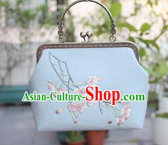Chinese Traditional Handmade Embroidered Peach Blossom Blue Bag Retro Handbag for Women