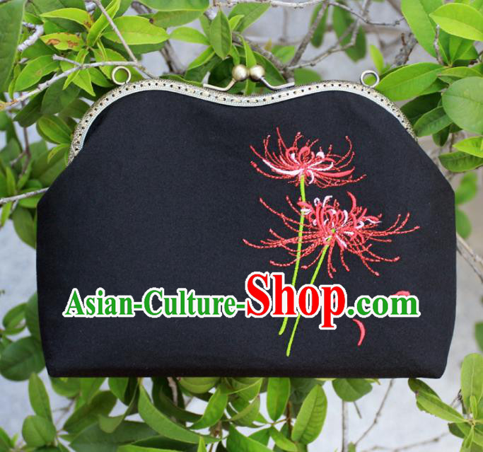 Chinese Traditional Handmade Embroidered Equinox Flower Black Bags Retro Handbag for Women