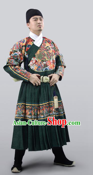 Chinese Traditional Ming Dynasty Swordsman Clothing Ancient Blades Embroidered Green Costumes for Men