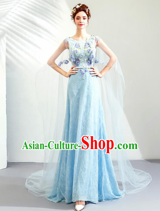 Top Grade Handmade Catwalks Costumes Compere Blue Full Dress for Women