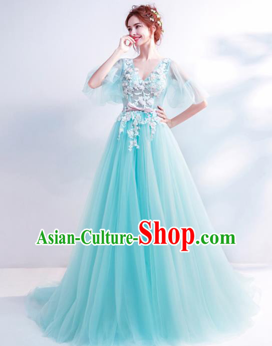 Top Grade Handmade Catwalks Costumes Compere Blue Lace Full Dress for Women
