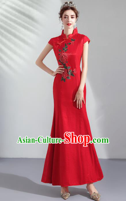 Chinese Traditional Wedding Cheongsam Embroidered Costume Compere Red Full Dress for Women