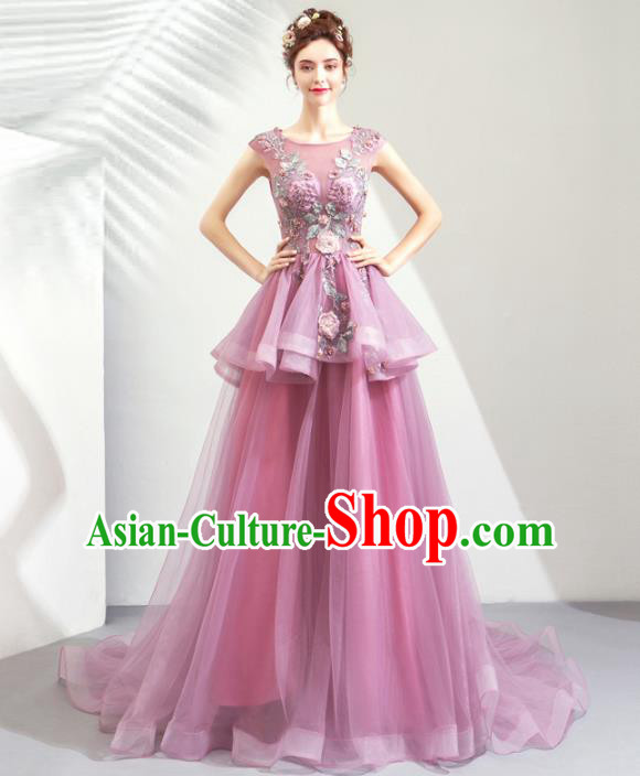 Top Grade Handmade Catwalks Costumes Compere Purple Veil Full Dress for Women
