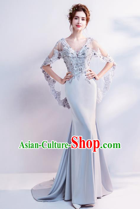Top Grade Handmade Compere Costume Catwalks Grey Mullet Formal Dress for Women