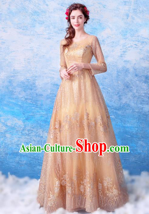 Top Grade Handmade Compere Costume Catwalks Golden Formal Dress for Women