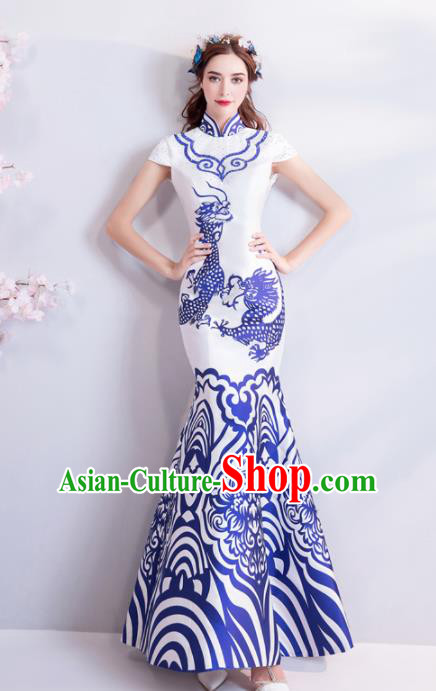 Chinese Traditional White Mermaid Cheongsam Costume Compere Full Dress for Women
