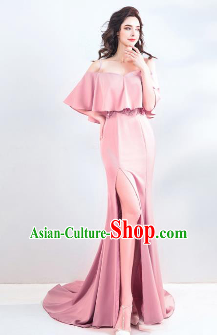 Top Grade Compere Costume Handmade Catwalks Bride Pink Silk Formal Dress for Women