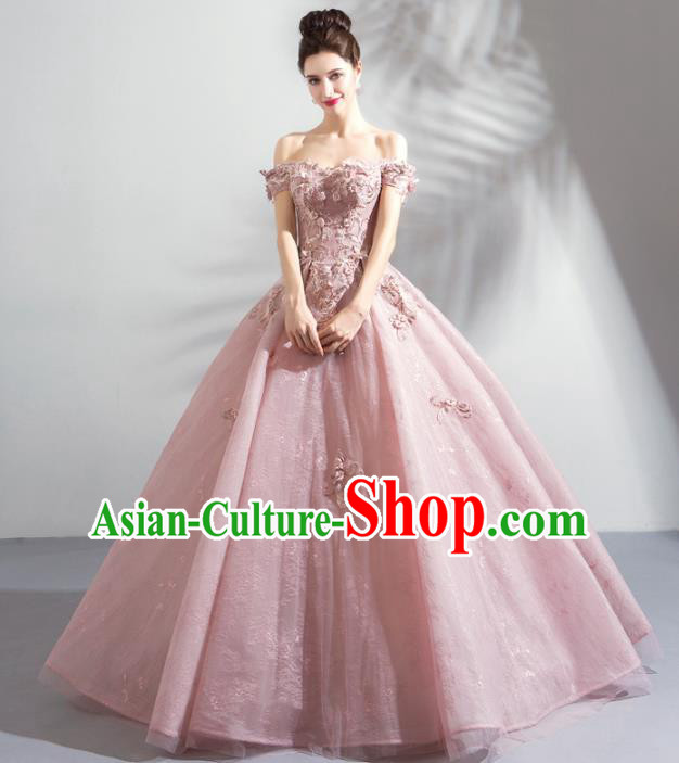 Handmade Top Grade Princess Embroidered Pink Wedding Dress Fancy Wedding Gown for Women