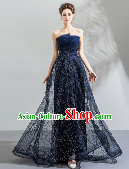 Top Grade Compere Blue Formal Dress Handmade Catwalks Flower Fairy Bride Costume for Women