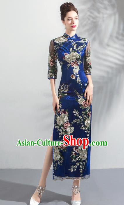 Chinese Traditional Blue Cheongsam Wedding Bride Costume Compere Full Dress for Women