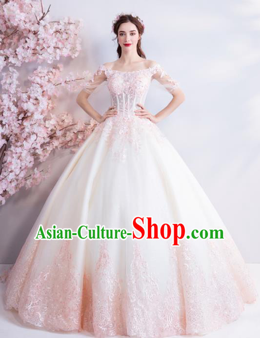 Handmade Top Grade Princess Pink Wedding Dress Fancy Embroidered Wedding Gown for Women