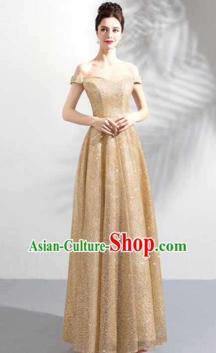 Top Grade Compere Golden Formal Dress Handmade Catwalks Bride Costume for Women