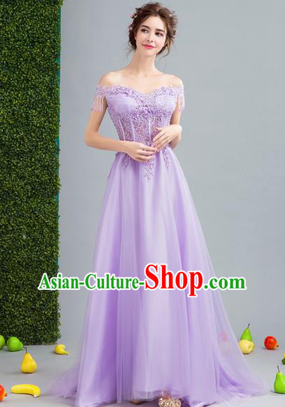 Top Grade Compere Formal Dress Handmade Catwalks Purple Veil Full Dress for Women