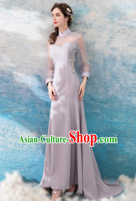 Chinese Traditional Mermaid Cheongsam Costume Compere Grey Full Dress for Women