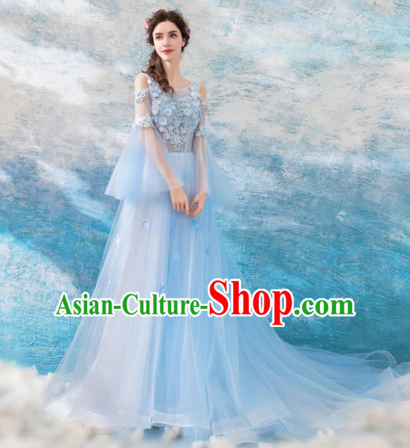 Top Grade Handmade Compere Costume Catwalks Blue Lace Formal Dress for Women
