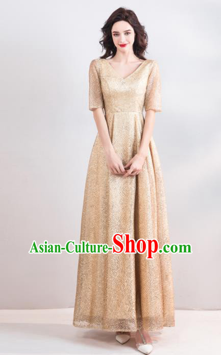 Top Grade Compere Costume Handmade Catwalks Golden Formal Dress for Women