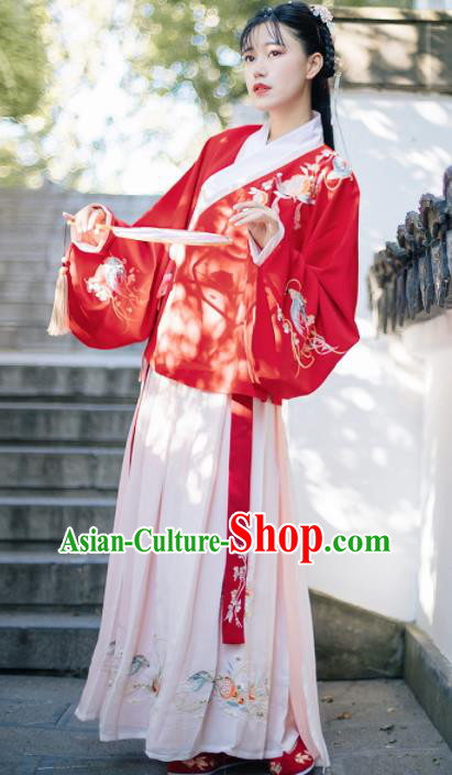 Traditional Chinese Ming Dynasty Embroidered Costumes Ancient Red Blouse and Pink Skirt for Women