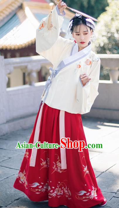 Traditional Chinese Ming Dynasty Nobility Lady Embroidered Costumes Ancient White Blouse and Red Skirt for Women