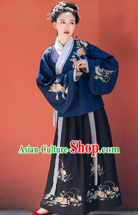 Chinese Ancient Ming Dynasty Nobility Lady Embroidered Costumes Navy Blouse and Black Skirt for Women