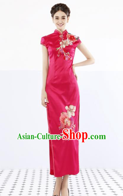 Chinese Traditional Rosy Silk Cheongsam Wedding Bride Costume Compere Full Dress for Women