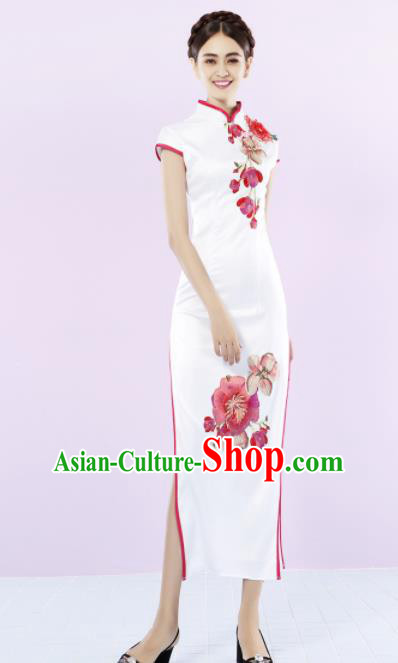 Chinese Traditional Chorus White Cheongsam Wedding Bride Costume Compere Full Dress for Women